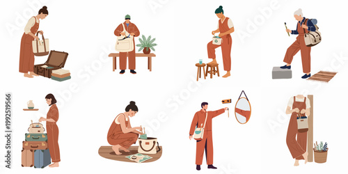 Diverse group of people packing for an eco-friendly journey with sustainable accessories, reusable bags, and vintage suitcases in a flat illustration style.