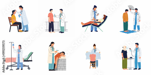 Flat vector illustration set of medical professionals providing first aid and heat exhaustion treatments like cooling, hydration, and checkups to patients.