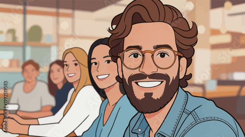 Friends gather for conversation at a cafe during the afternoon in a casual setting with smiling faces