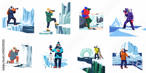 Illustrations of photographers and filmmakers documenting arctic landscapes, icebergs, and frozen environments during a winter expedition in extreme cold weather.