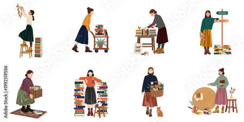Collection of illustrations featuring women engaged in various book-related activities like reading, swapping, and organizing books in a cozy library setting.