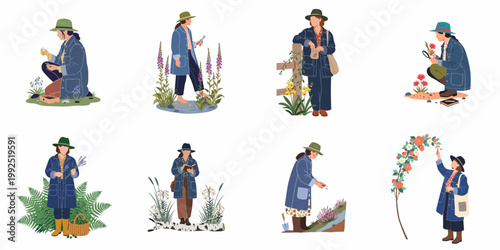 Vector illustrations of women gardeners performing outdoor tasks like harvesting herbs, planting seeds, pruning flowers, and studying nature in a garden setting.