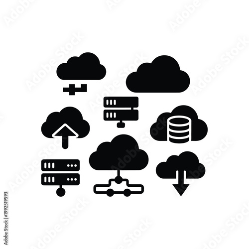 Cloud computing illustration displaying servers data and network connections
