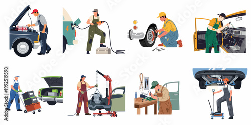 Set of professional male and female auto mechanics performing various vehicle maintenance and repair tasks in a garage workshop, flat vector illustrations.