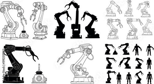 Collection of industrial robotic arms and automation machines isolated on white background, factory robots and engineering technology vector illustration