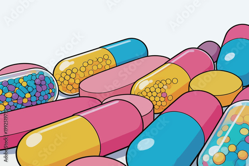 Colorful capsules and pills scattered on a plain surface during daylight hours in a simple setting