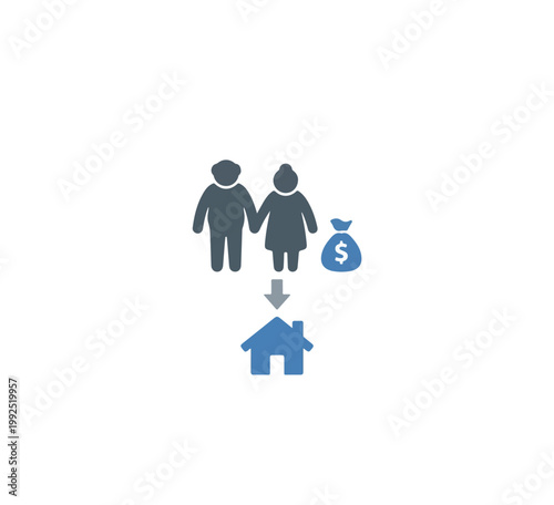Modern Flat Icons: Couple Saving Money for Home Purchase - Minimalist Blue Vector Illustration for Finance, Real Estate, Budgeting with vector illustr