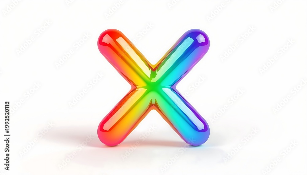 Fototapeta premium A captivating, glossy 3D rendering of the uppercase letter X, adorned with a vivid rainbow spectrum on a bright white setting.