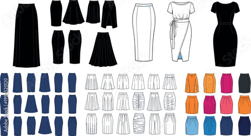 Collection of pencil skirts and bodycon dresses isolated on white background, elegant women fashion clothing set vector illustration