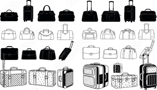 Collection of travel bags and suitcases isolated on white background, luggage set with backpacks and handbags vector illustration