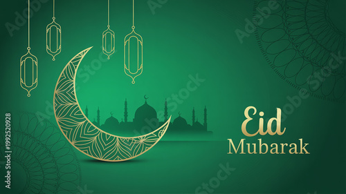 Luxury Eid Mubarak Card with Gold Crescent, Mosque Silhouette and Emerald Background