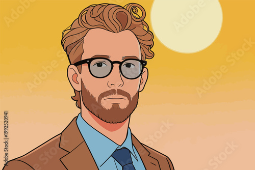 Man stands against a bright yellow background with soft sun shining, wearing glasses and a suit while looking straight at the viewer