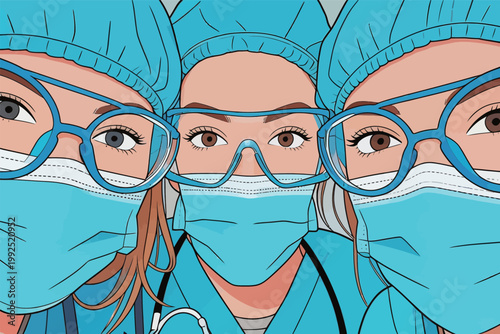 Healthcare workers wearing scrubs and masks take a close-up selfie in a hospital or clinic setting during a busy shift