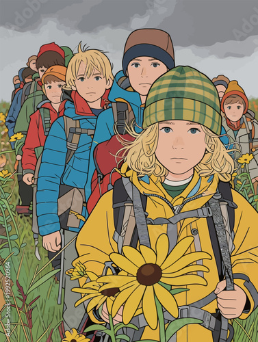 Group of young hikers walking through a flower field on a cloudy day near a forested area