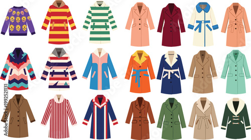 Women Winter Fashion Apparel Vector Illustration Set Featuring Classic Wool Coats Long Trench Coats Striped Overcoats and Floral Pattern Sweaters for Seasonal Clothing Design