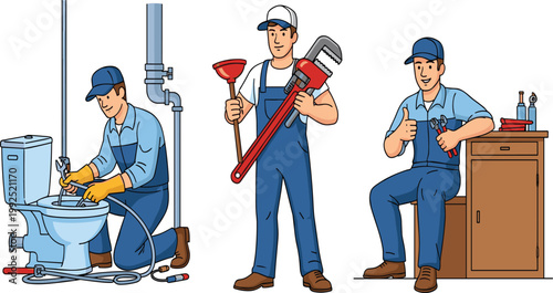 Professional Plumber Service Vector Illustration Set Featuring Male Technicians with Tools Fixing Toilet Holding Pipe Wrench and Plunger for Home Repair Business Designs