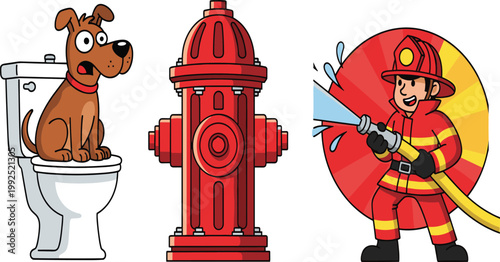 Funny Cartoon Vector Illustration Set of a Dog on a Toilet a Red Fire Hydrant and a Firefighter Spraying Water