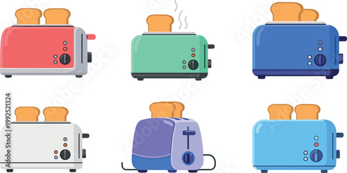 Colorful toaster appliances collection with bread slices popping up kitchen equipment vector set isolated on light background