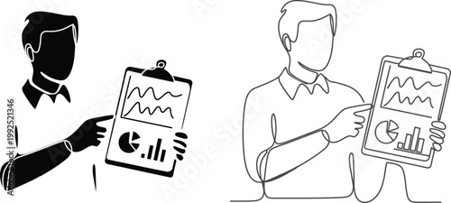 Continuous line of a man presenting business performance charts and data on a clipboard showing analysis and corporate reporting in minimalist style