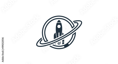 Rocket Ship Orbiting Planet With Rings Icon.