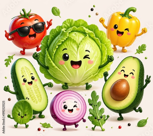 Kawaii Gemüsefiguren als fröhliche Salatfreunde
Niedliche Gemüsecharaktere mit lachenden Gesichtern als bunte Kawaii Illustration rund um das Thema Salat.