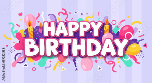 A colorful celebration with a happy birthday message on a purple background with confetti and balloons indoors.