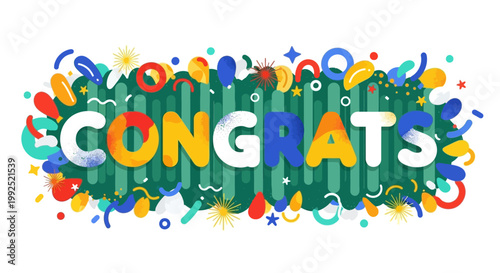 Vibrant colorful confetti surrounds congratulatory message on white