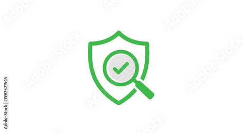 Security Shield with Magnifying Glass and Checkmark Icon.