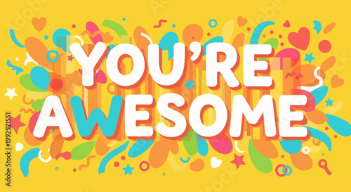 Vibrant colorful confetti surrounds celebratory text on bright background