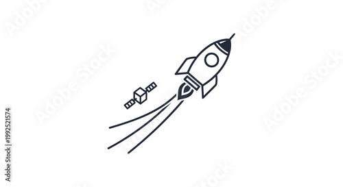 Simple Line Art Rocket Launching into Space with Satellite.
