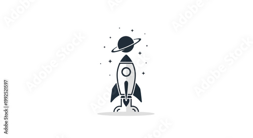 Stylized Rocket Launching into Space with Planet and Stars.