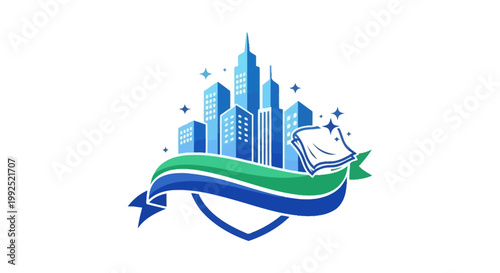 A stylized illustration of a cityscape with a green and blue ribbon and a book on a shield.
