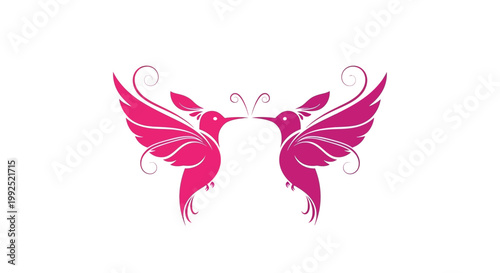 Two pink birds face each other in a graphic illustration.