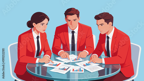Business team in red suits analyzing charts