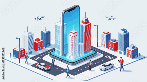 Smart city with giant phone and people