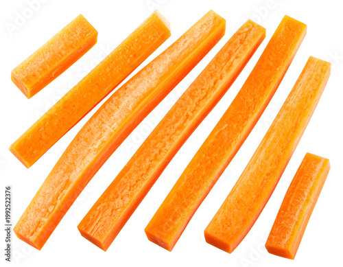Bright orange carrot sticks arranged diagonally on white