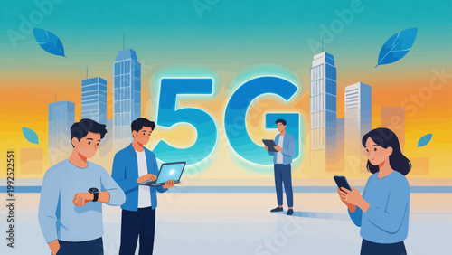 People using 5G technology in city