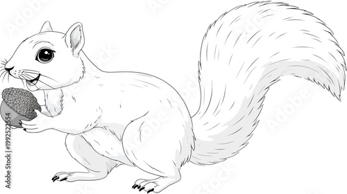 White squirrel holding acorn illustration on isolated white background