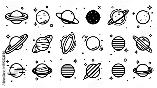 Set of minimalist celestial body icons for space exploration designs