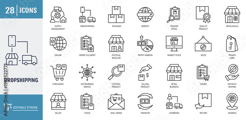 Dropshipping icon set. Icons related to retail business, seller, customer, orders, without keeping, stock, supply management. Outline icon set. Vector illustration with editable stroke