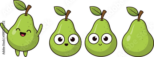 Cute pear cartoon characters set with funny expressions and kawaii fruit mascots vector illustration isolated on light background
