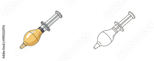 Kitchen basting syringe in cartoon and line art style with yellow and grey colors used for injecting sauce and marinating meat for barbecue