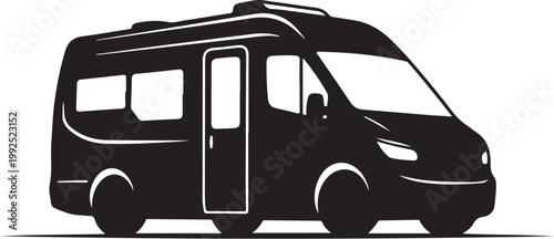 Black camper van, motorhome silhouette, RV icon, travel trailer