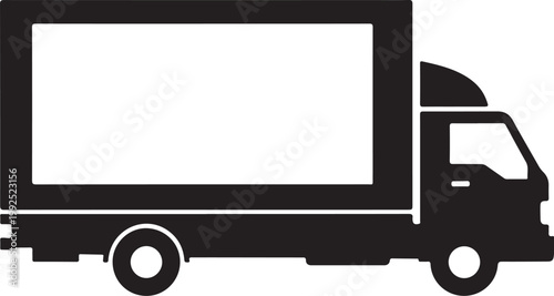 Black truck silhouette, delivery vehicle icon, cargo truck graphic, transportation symbol