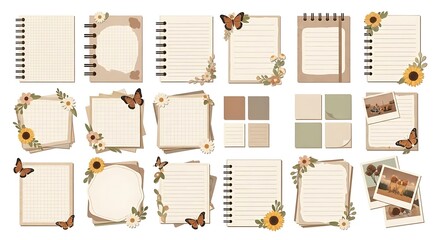 Collection of Vintage Style Paper Notes with Floral and Butterfly Embellishments