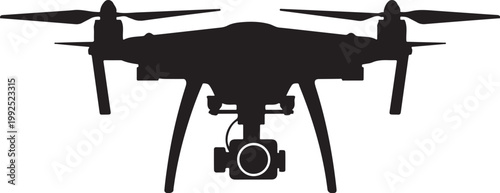 Black drone silhouette, aerial photography, quadcopter icon, camera drone