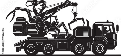Industrial tow truck, heavy duty recovery vehicle, black silhouette, vector illustration, heavy equipment