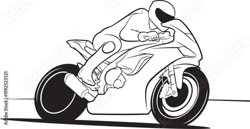Motorcycle rider, racing bike, black and white illustration, vector graphics