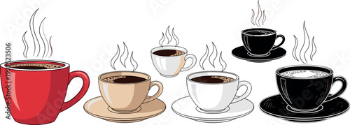 Hot coffee cups collection with steam in different styles, ceramic mugs and espresso drinks vector illustration isolated on light background