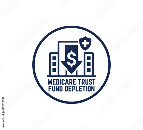 Modern Flat Design Medicare Trust Fund Depletion Infographic Icon with Money, Hospital, and Alert Symbols - Professional Business Concept isolated bac